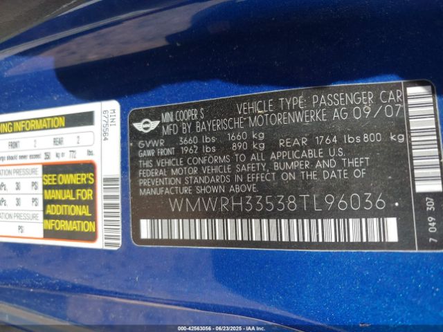 2008 MINI COOPER S WMWRH33538TL96036 Photo 8