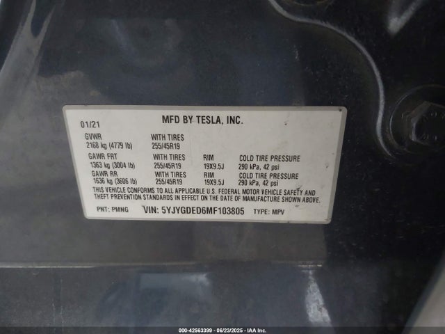 2021 TESLA MODEL Y 5YJYGDED6MF103805 Photo 8