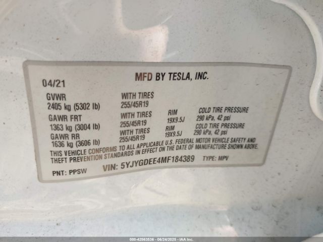 2021 TESLA MODEL Y 5YJYGDEE4MF184389 Photo 8