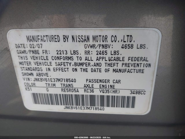 42563565 :رقم المزاد ، JNKBV61E37M718540 vin ، 2007 Infiniti G35 Journey مزاد بيع