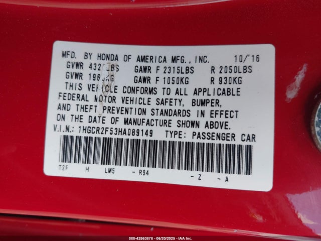 1HGCR2F53HA089149 Honda k24w1