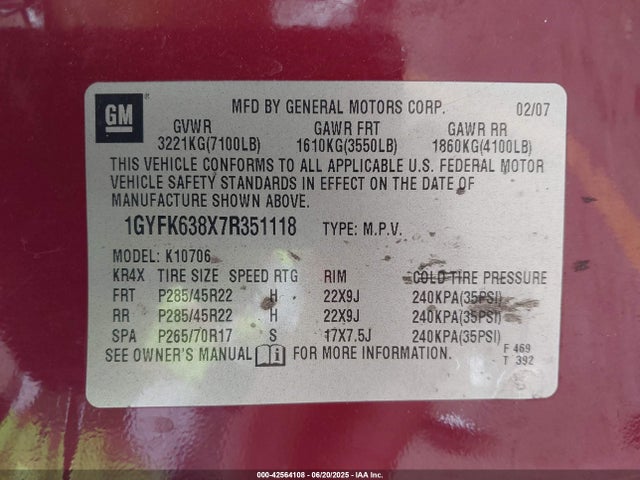 2007 CADILLAC ESCALADE 1GYFK638X7R351118 Photo 8