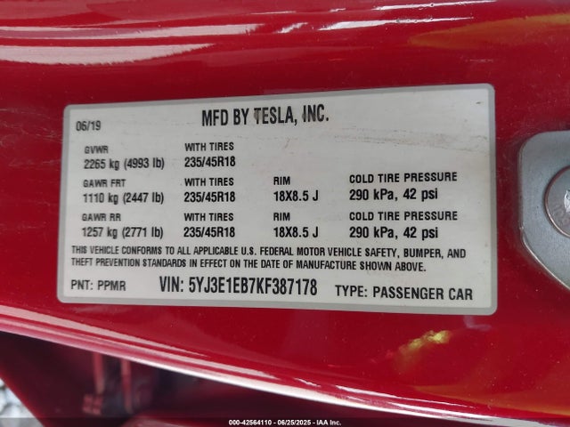 5YJ3E1EB7KF387178 Tesla MODEL 3