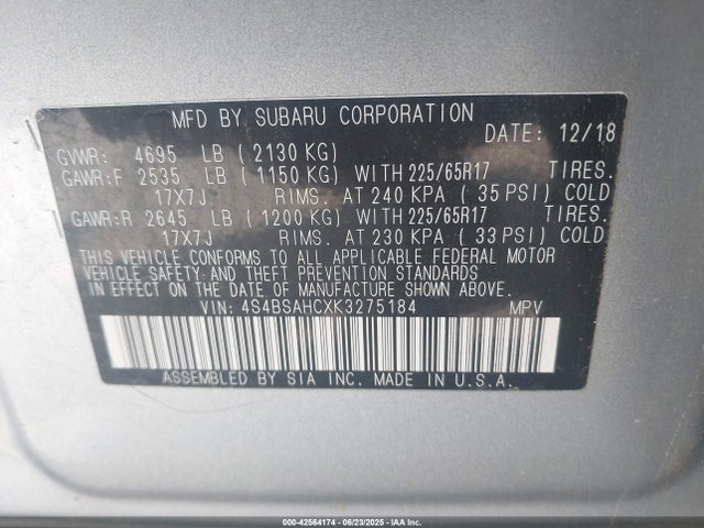 4S4BSAHCXK3275184 Subaru na u5