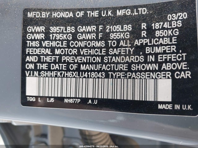 SHHFK7H6XLU418043 Honda l15ba