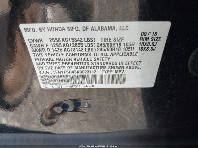 5FNYF6H43KB023112 Honda j35y6