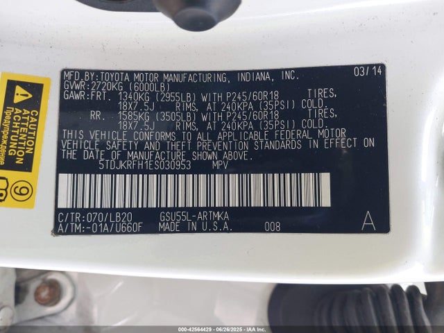 Toyota 2gr-fe 2014 5TDJKRFH1ES030953 Image 9