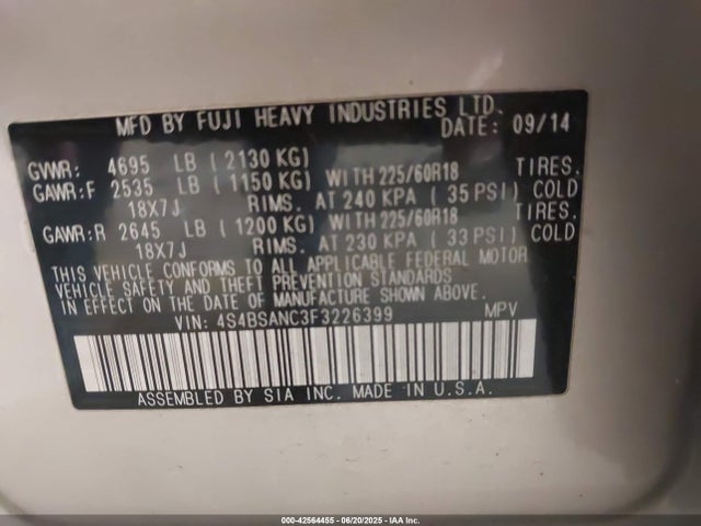 Subaru 2.5l u5 2015 4S4BSANC3F3226399 Image 9