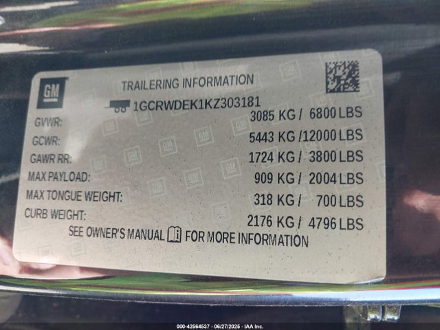 1GCRWDEK1KZ303181 Chevrolet l3b - sidi, vvt, alum