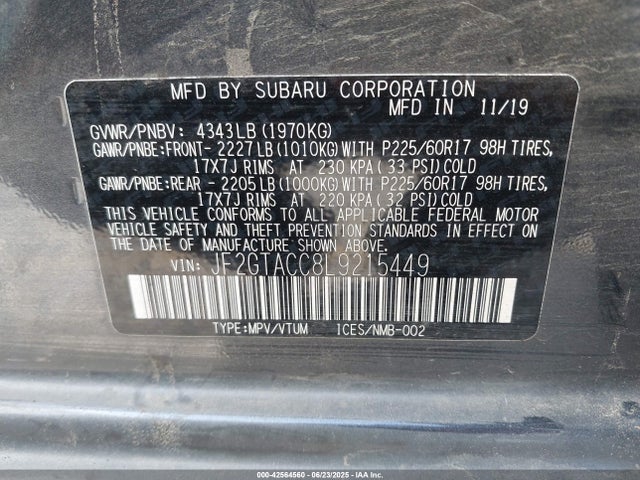 Subaru 2020 2020 JF2GTACC8L9215449 Image 9