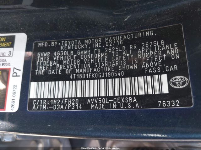 2016 TOYOTA CAMRY HYBRID 4T1BD1FK0GU190540 Photo 8