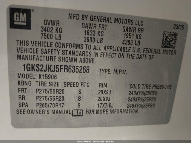 1GKS2JKJ5FR635268 GMC l86 - vvt, afm, e85 max, aluminum