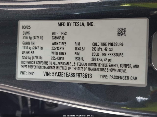 2025 TESLA MODEL 3 5YJ3E1EA8SF978613 Photo 8
