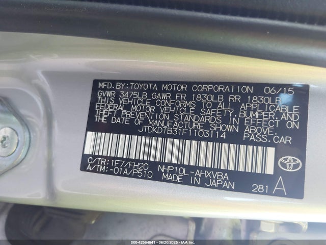 JTDKDTB31F1103114 Toyota 1nz-fxe+1lm