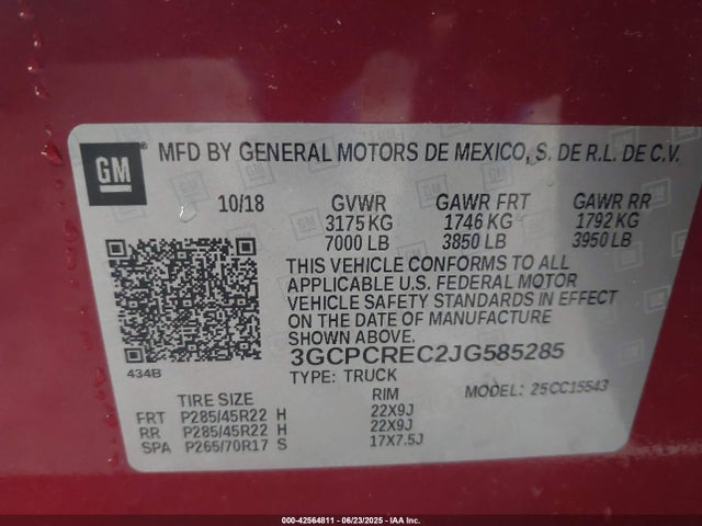 3GCPCREC2JG585285 Chevrolet l83 - sidi: spark ignited direct injection, vvt: variable valve timing, afm, e85 max, alum