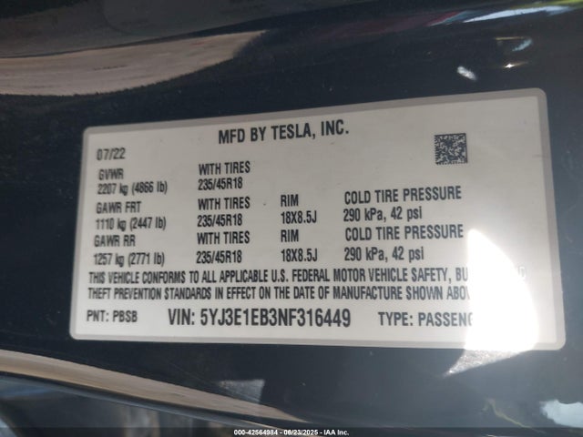 2022 TESLA MODEL 3 5YJ3E1EB3NF316449 Photo 8