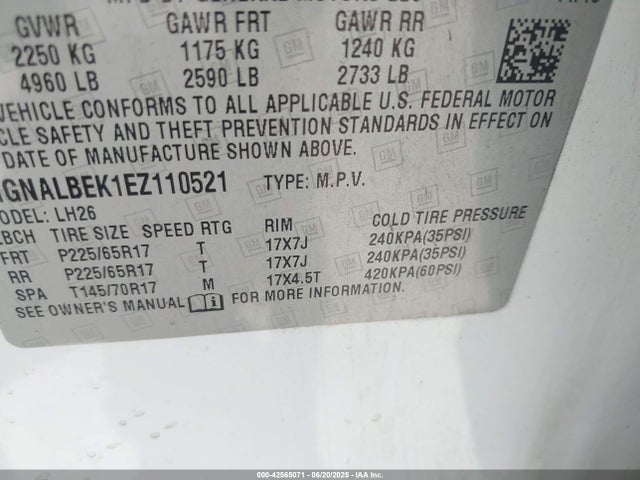 1GNALBEK1EZ110521 Chevrolet lea - flex fuel (gas/alc), aluminum, high output