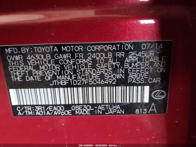 Lexus 4gr-fse 2015 JTHBF1D27F5046492 Image 9
