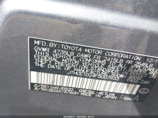 Lexus 2gr-fse 2015 JTHCE1D24F5007933 Image 9