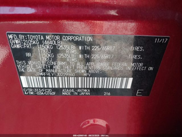 JTMRFREV1JD229960 Toyota 2ar-fe