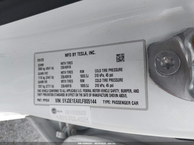 Tesla MODEL 3 2020 5YJ3E1EAXLF805144 Image 9