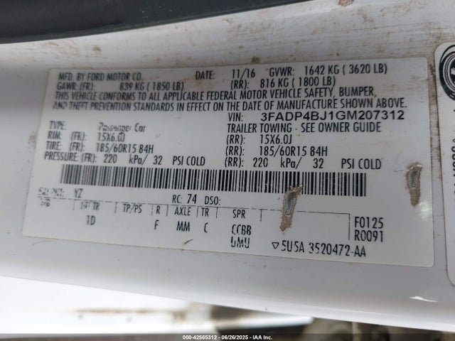 3FADP4BJ1GM207312 Ford 1.6l ti-vct premium fuel