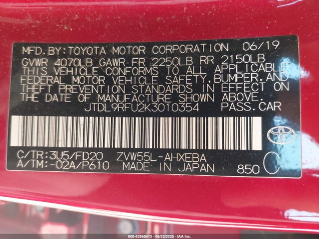 JTDL9RFU2K3010354 Toyota 2zr-fxe,1nm