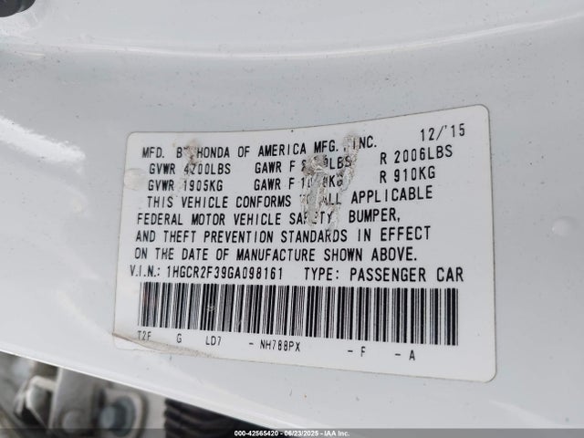 1HGCR2F39GA098161 Honda k24w1