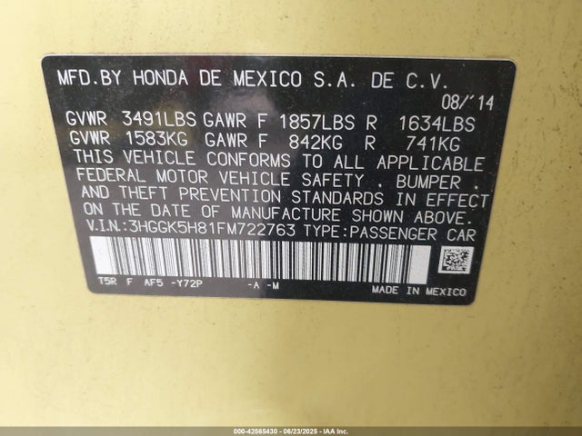 3HGGK5H81FM722763 Honda l15b1