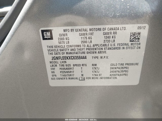 2012 Chevrolet Equinox 1lt მანქანა იყიდება აუქციონზე, vin: 2GNFLEEKXC6358444, აუქციონის ნომერი: 42565449
