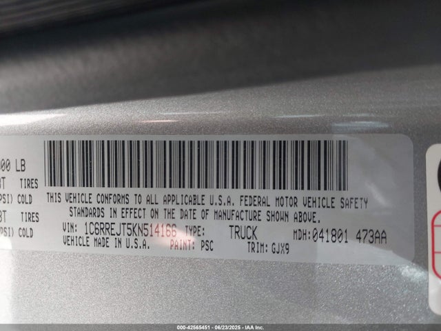 Продаж на аукціоні авто 2019 Ram 1500 Laramie  4x2 5'7 Box, vin: 1C6RREJT5KN514166, номер лоту: 42565451
