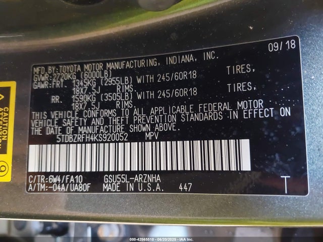 5TDBZRFH4KS920052 Toyota 2gr-fks