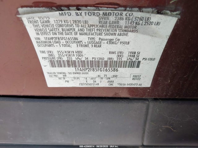 2015 Ford Taurus Limited მანქანა იყიდება აუქციონზე, vin: 1FAHP2F85FG165586, აუქციონის ნომერი: 42565514