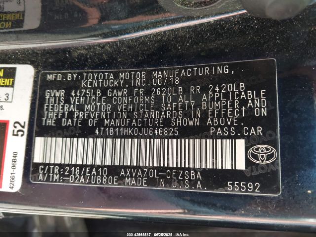 2018 TOYOTA CAMRY 4T1B11HK0JU646825 Photo 8