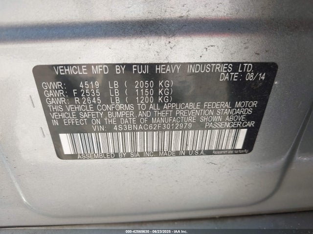 4S3BNAC62F3012979 Subaru 2.5l u5