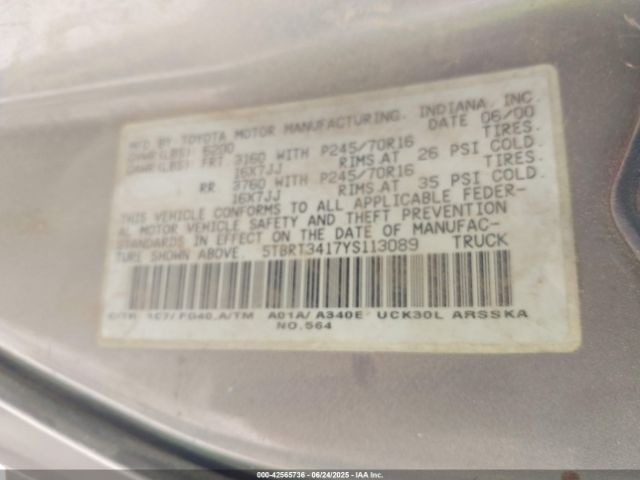 2000 TOYOTA TUNDRA 5TBRT3417YS113089 Photo 8