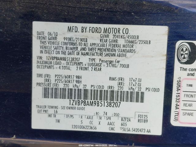 2011 FORD MUSTANG 1ZVBP8AM9B5138207 Photo 8