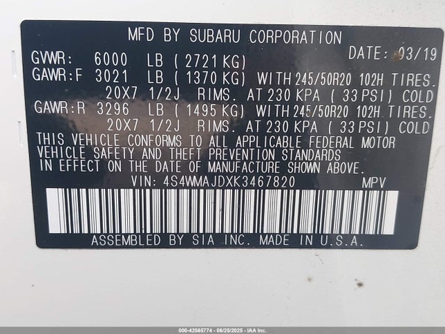 4S4WMAJDXK3467820 Subaru 2019