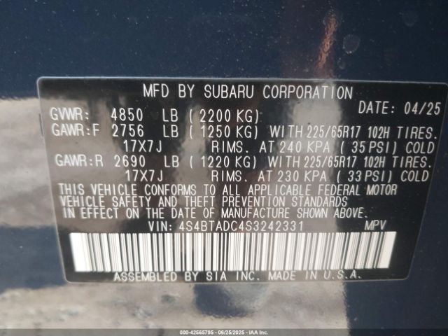 2025 SUBARU OUTBACK 4S4BTADC4S3242331 Photo 8
