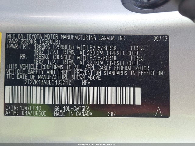 2T2ZK1BA8EC133742 Lexus 2gr-fe