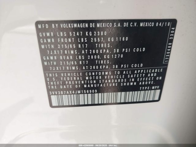 3VV3B7AX4JM156909 Volkswagen 2018