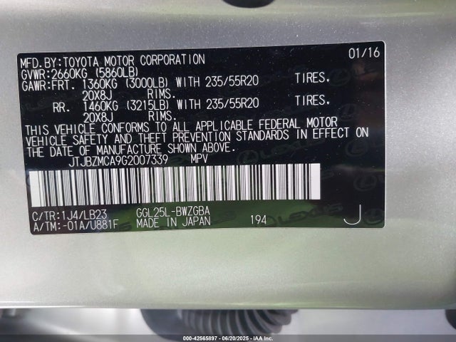 Lexus RX 2016 JTJBZMCA9G2007339 Image 9