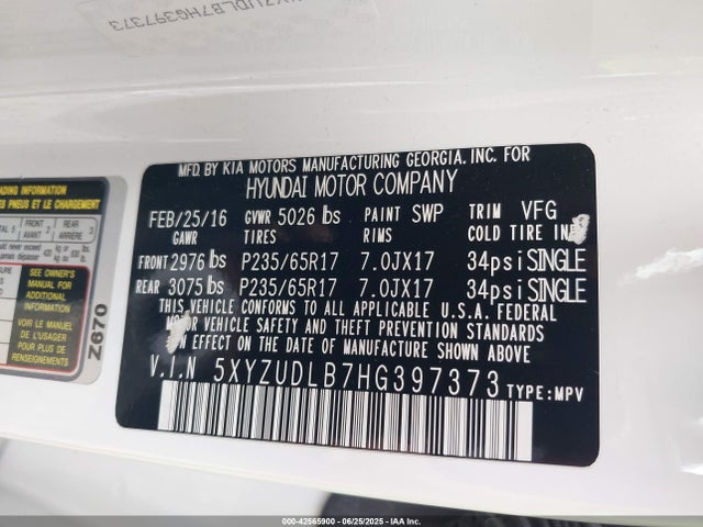 5XYZUDLB7HG397373 Hyundai gdi theta ii