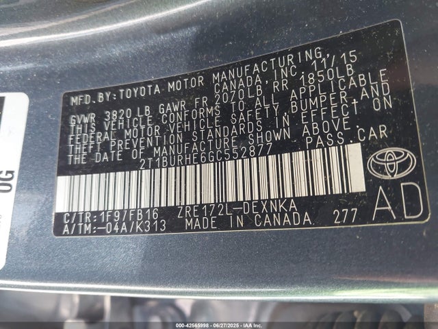 Toyota 2zr-fe 2016 2T1BURHE6GC552877 Image 9