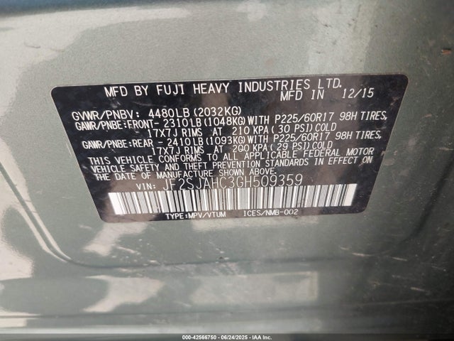 JF2SJAHC3GH509359 Subaru naturally aspirated u5