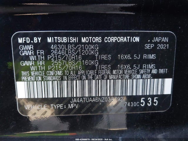 JA4ATUAA6NZ038792 Mitsubishi tc/ic mivec
