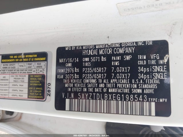 5XYZTDLBXEG198543 Hyundai gdi theta