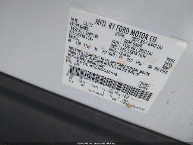 1FM5K8AR9HGC56518 Ford 3.7l ti-vct