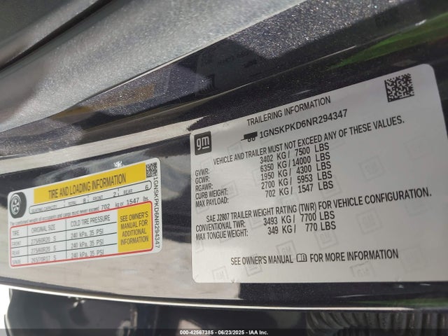 1GNSKPKD6NR294347 Chevrolet l84 - di, dfm, alum, gen 5, var 2