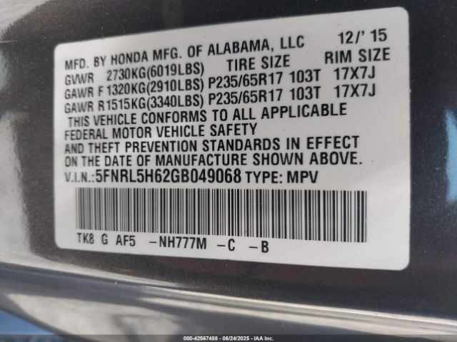2016 HONDA ODYSSEY 5FNRL5H62GB049068 Photo 8